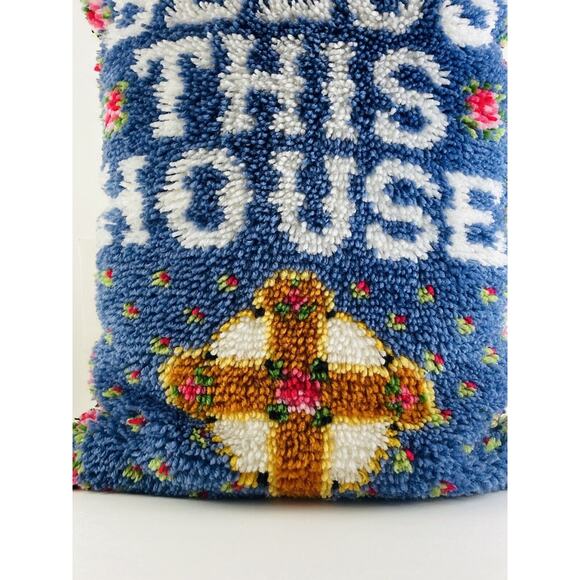 Handmade Vintage Latch Hook Completed Kit Pillow Bless This House 24 x 18.5" - Picture 2 of 8